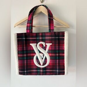 Victoria’s Secret Plaid Sherpa Tote Bag Red Black Green VS Logo